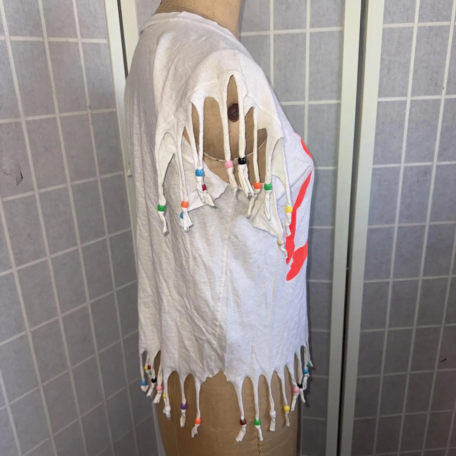 Vintage Windswept Beaded Crop Beach Boho Tropical Melted Cover Up Swim Tee Med White - Image 3