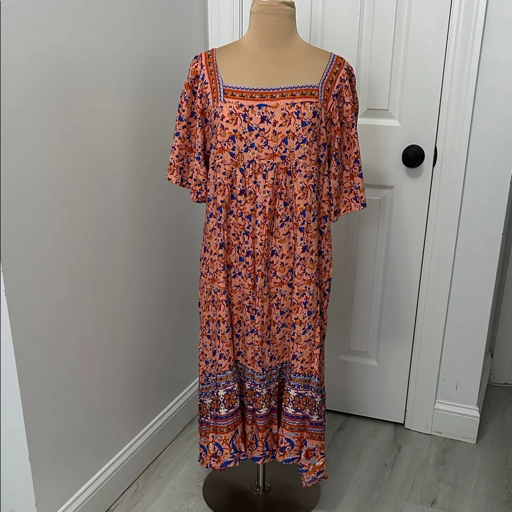 Umgee Boho Orange Blue Floral Midi Dress - Image 2