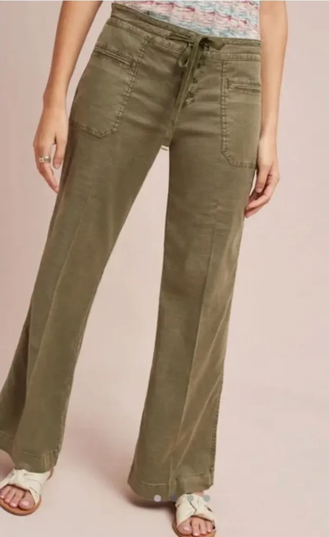 LEVEL 99 Pants Womens 27 Green Leandra Lounge Linen Blend Wide Leg Drawstring Green - Image 1