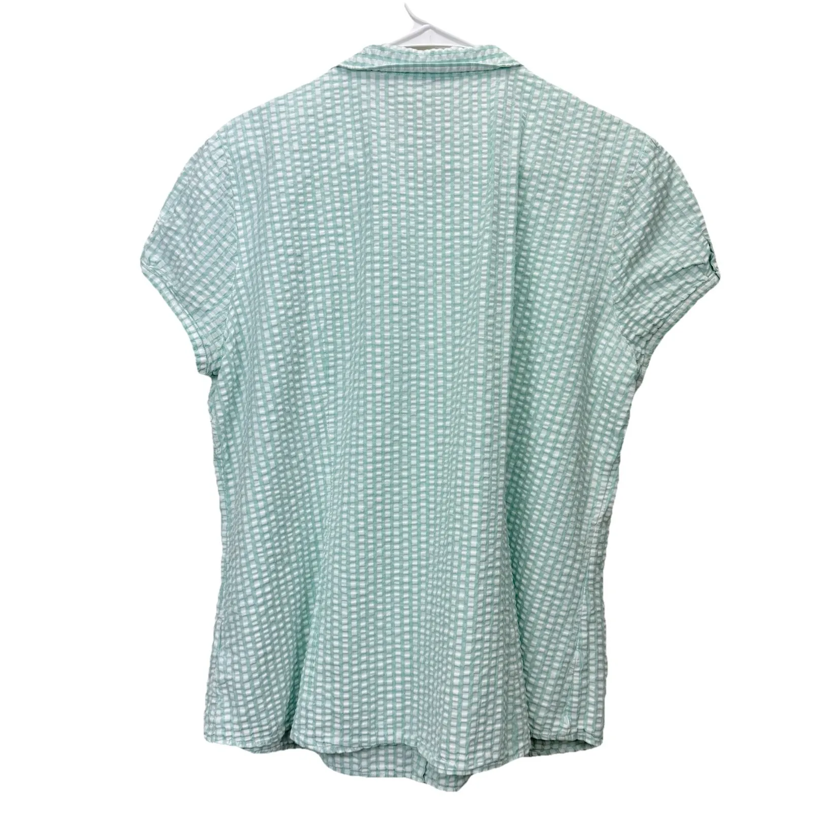 LL Bean Aqua Blue Seersucker Button Up Cap Sleeve Shirt Size XL - Image 6