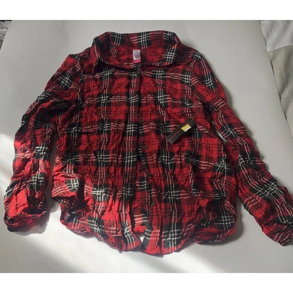 NoBo Womens sz Medium Red Black Plaid casual button down long sleeve shirt - Image 2