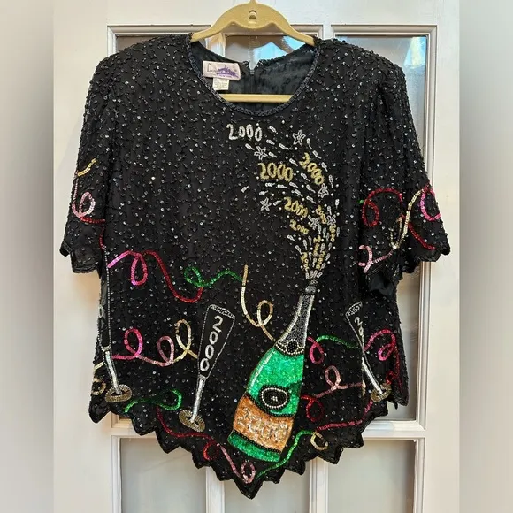 Vintage Laurence Kazar Silk Beaded Blouse Y2K 2000s Millennium New Years Size 1X - Image 1