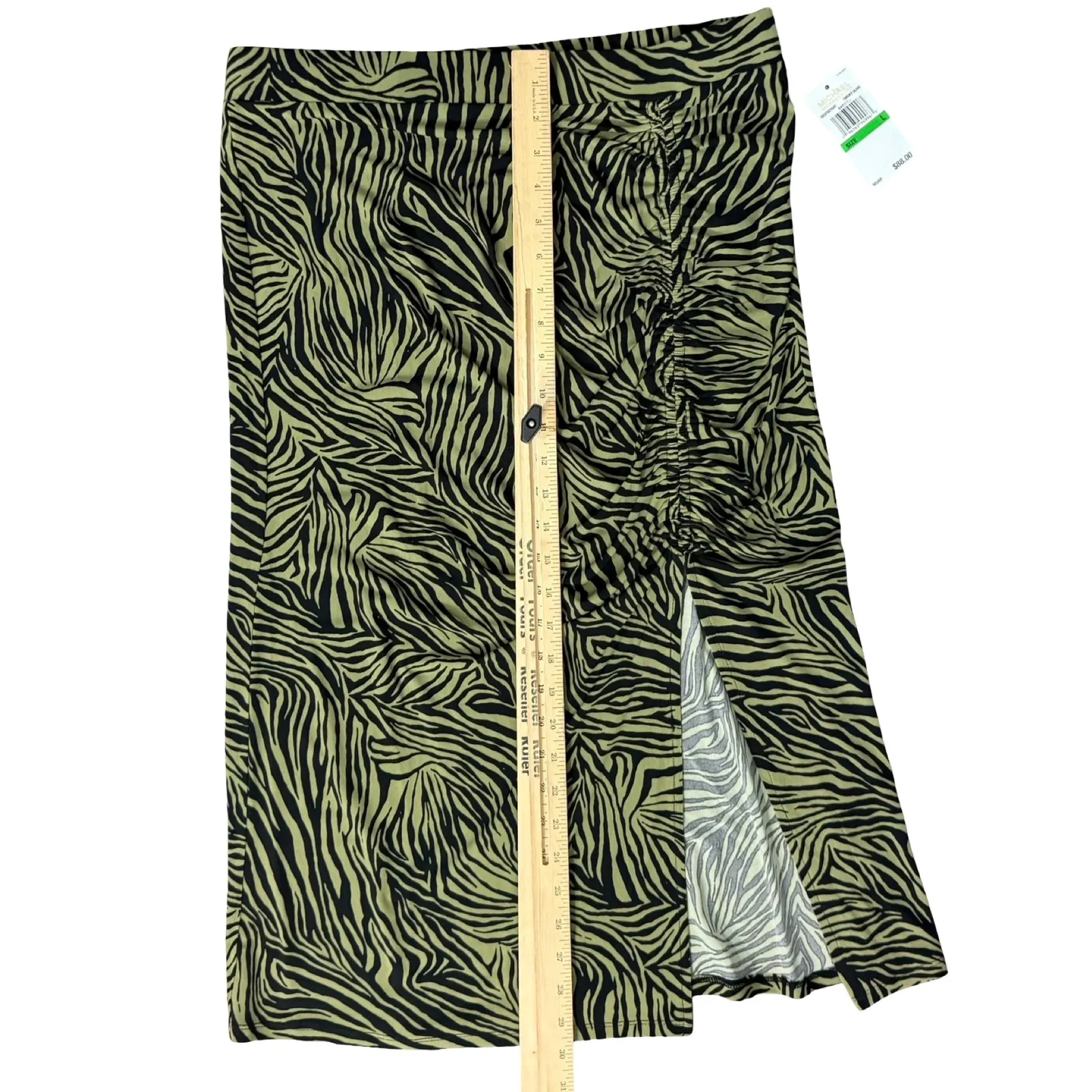 Michael Kors Olive Green Black Zebra Print Side Ruched Midi Skirt size L NEW Tag - Image 6