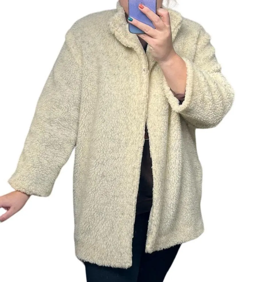 Vintage Faux Fur Sherpa Teddy Jacket Cream Handmade Open Front Mob Wife Size XL - Image 2