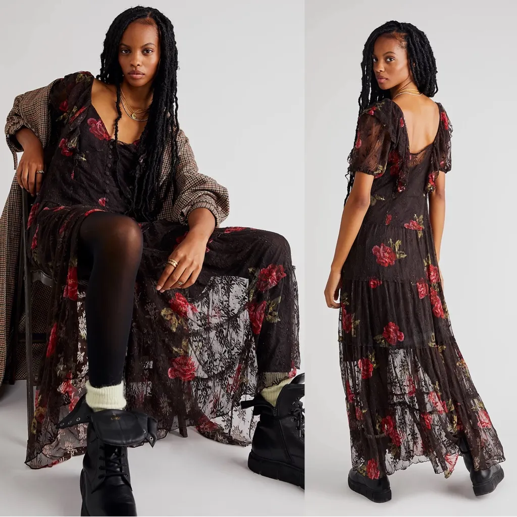 Free People • Hollis Dress maxi brown floral lace mesh Coca Cola tiered ruffle - Image 13