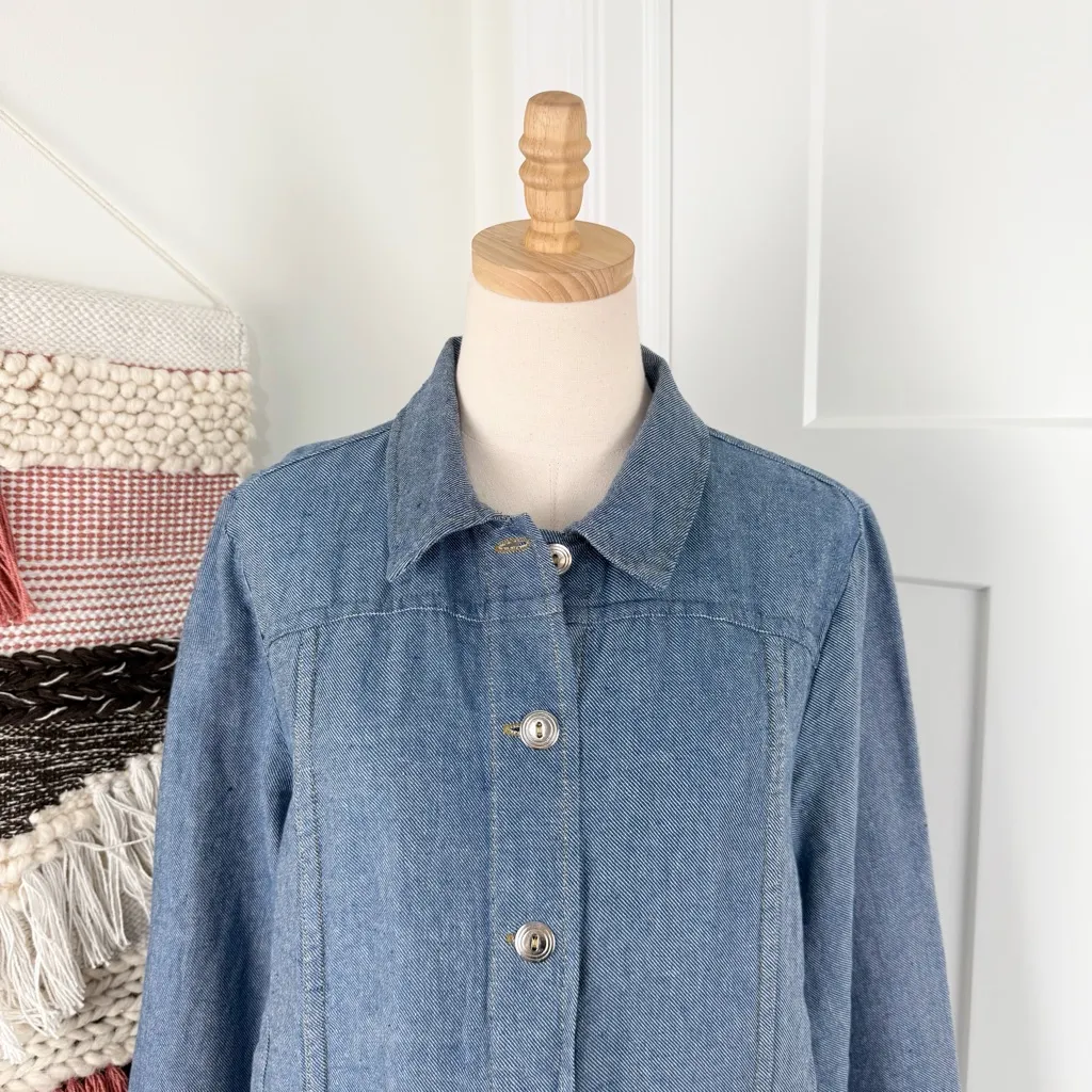 FLAX Linen Blend Denim Jacket Blue Sz S Lightweight Chambray Button Up - Image 2