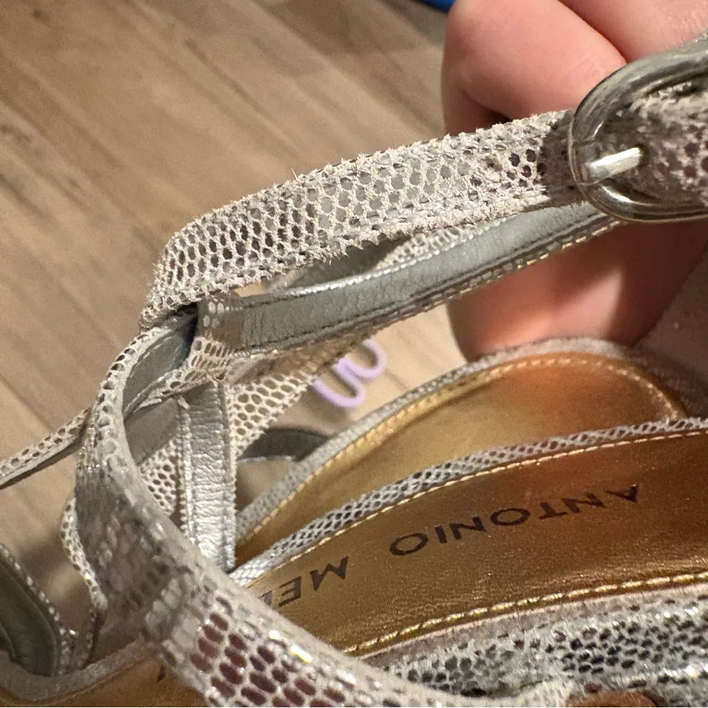 Antonio Melani Sandals Heels Leather Almond Open Toe Buckle‎ Shoes Silver 6.5 - Image 10