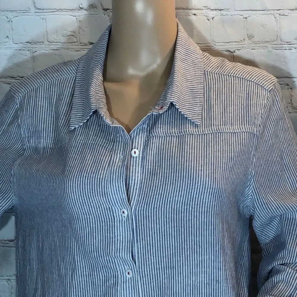 Umgee Long Striped Button Down Shirt Lace Trim M - Image 4