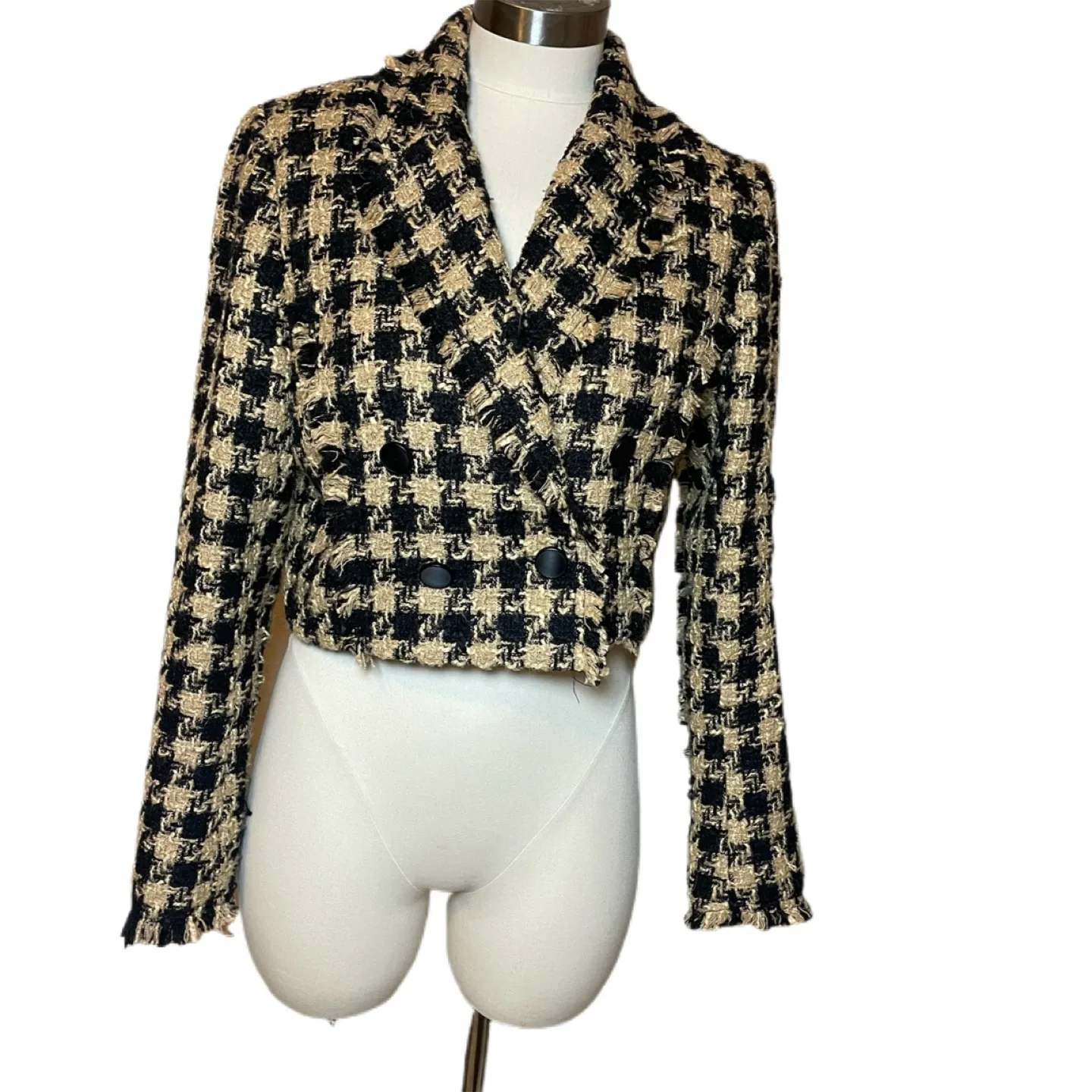 House of Harlow 1960 Cropped Tweed Jacket – Black & Cream – Size S - Image 2