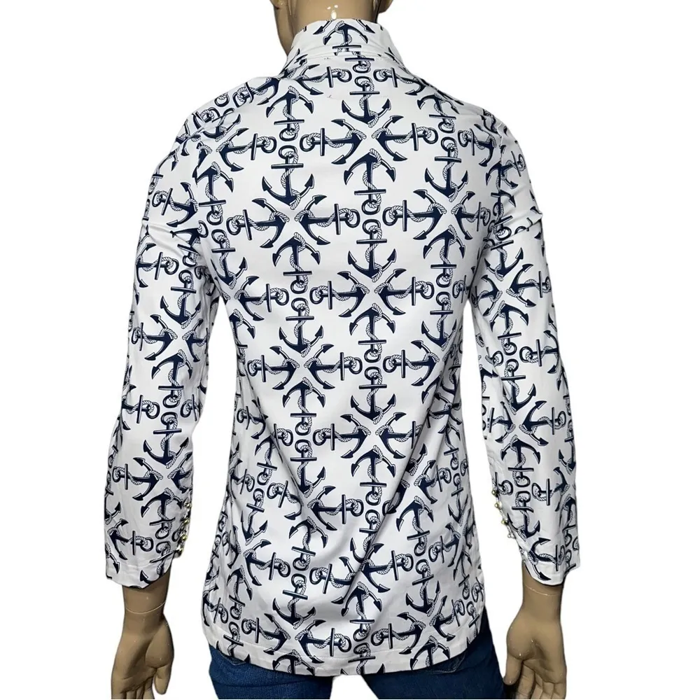 Monelle Women’s Size XS White Navy Blue Anchor Print Nautical Henley Shirt Top - Image 3
