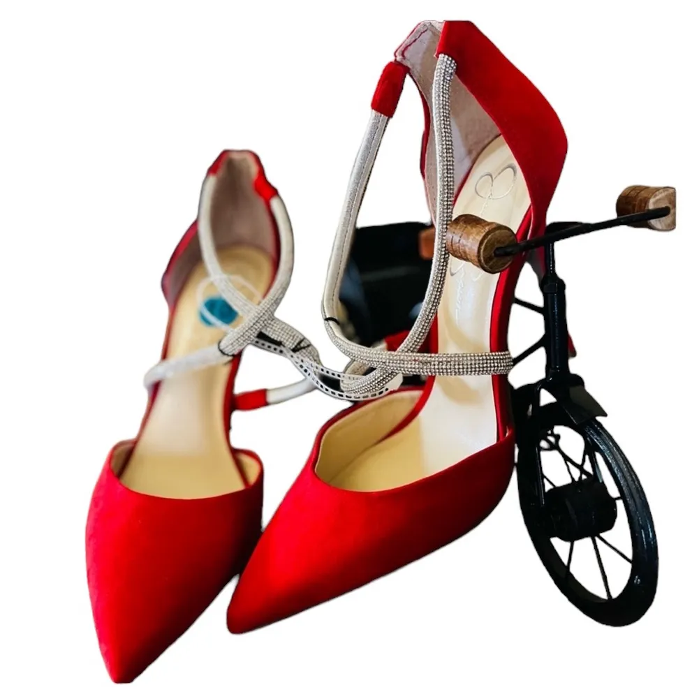 NEW JESSICA SIMPSON Rhinestone Glitter Pointed Toe Pump Festive Holiday Red 10 - Image 3