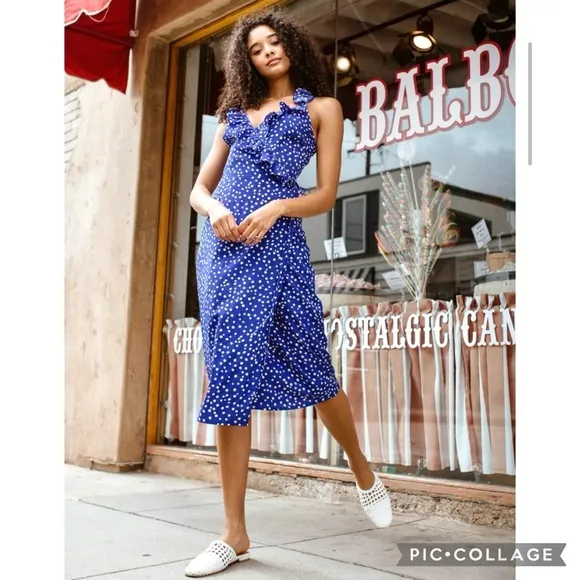 Lucy Paris Claudia Dress Royal Blue Polka Dot Wrap Flutter Strap XS - Image 3