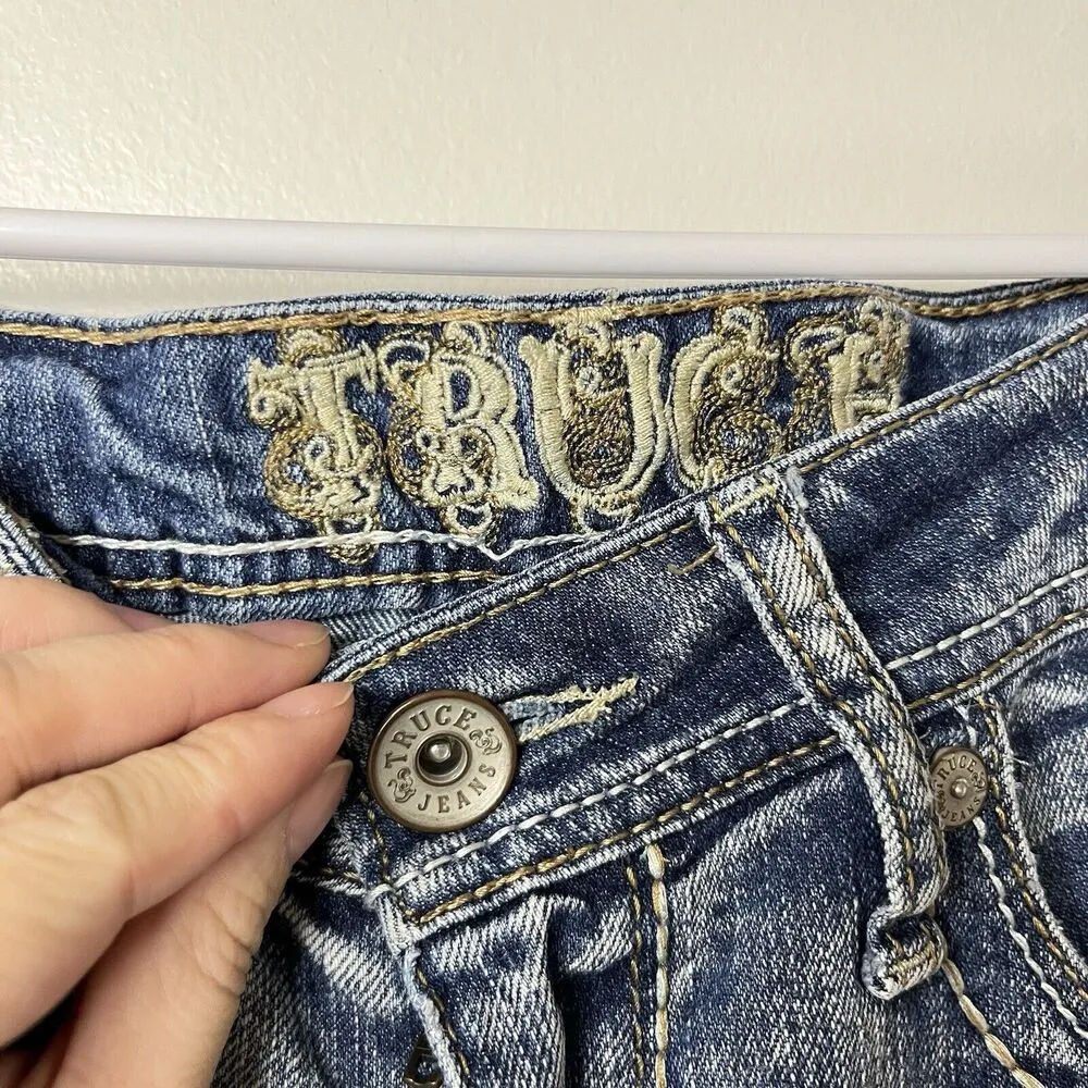 Truce Sz 7 Women Shorts Cut Off Denim Jean Low Rise Stretch Light Wash Y2K Gyaru Blue Size M - Image 3