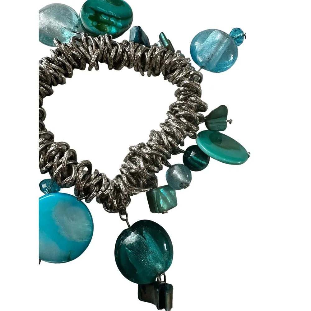 Blue Glass Bead and Shell Stretch Bracelet - Image 2