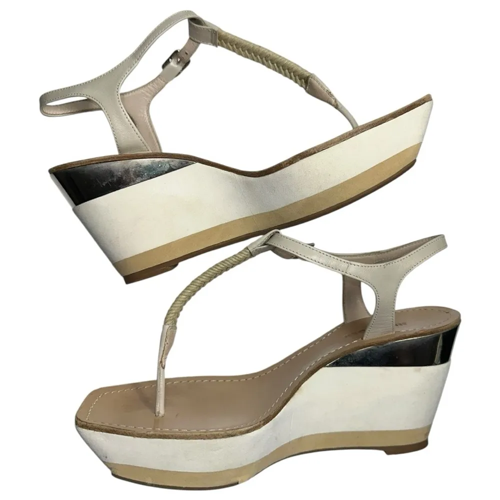 Jil Sander Women’s 37 7 White Tan Metallic Gold Roped T-Strap Platform Sandals - Image 8