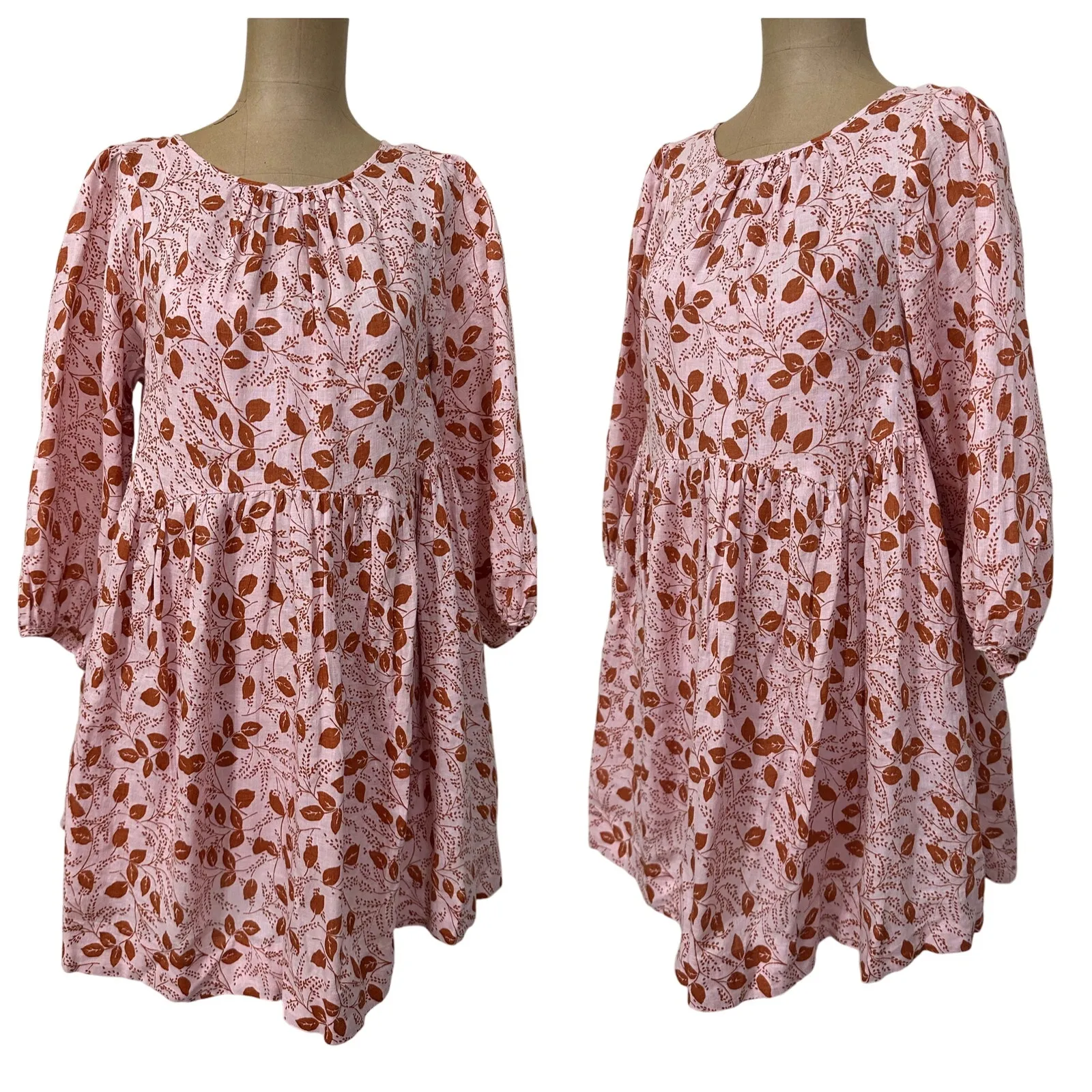 Free People Mini Dress Paper Hearts Pink Linen Long Sleeve Empire Waist - Image 4