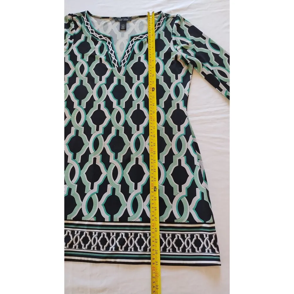 White House Black Market Green Black Mod Mini Dress Tunic 3/4 Sleeves V-Neck S - Image 10