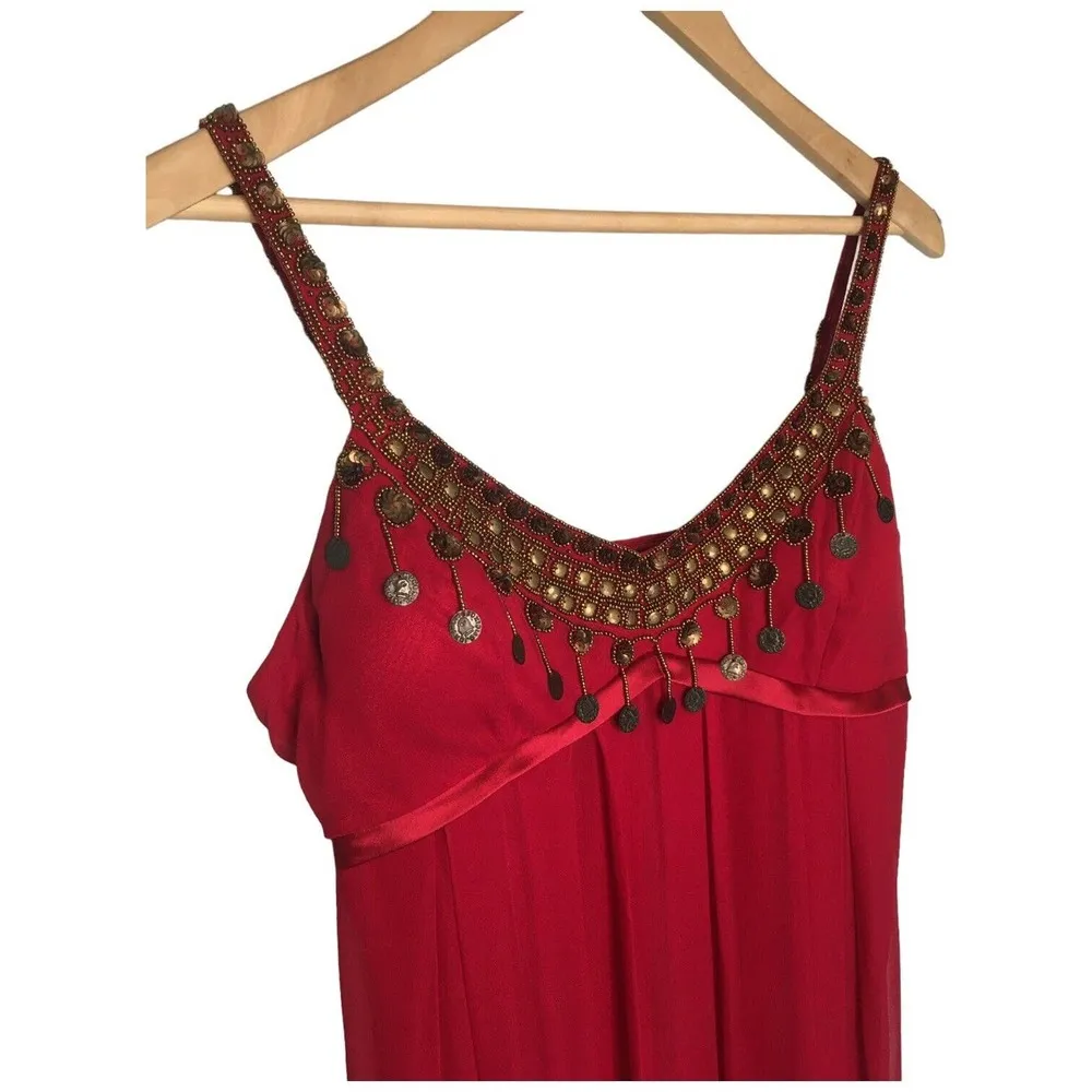 Adrianna Papell Evening Silk Embellished Beaded Gypsy Strap Dress Red 12 - Image 2