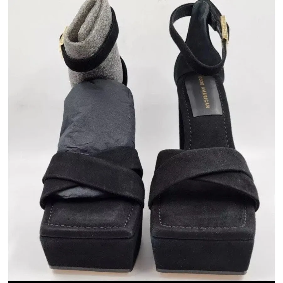 Good American Platform Block Heel Black Suede Ankle Strap Chunky Sandal 10.5 NEW - Image 9