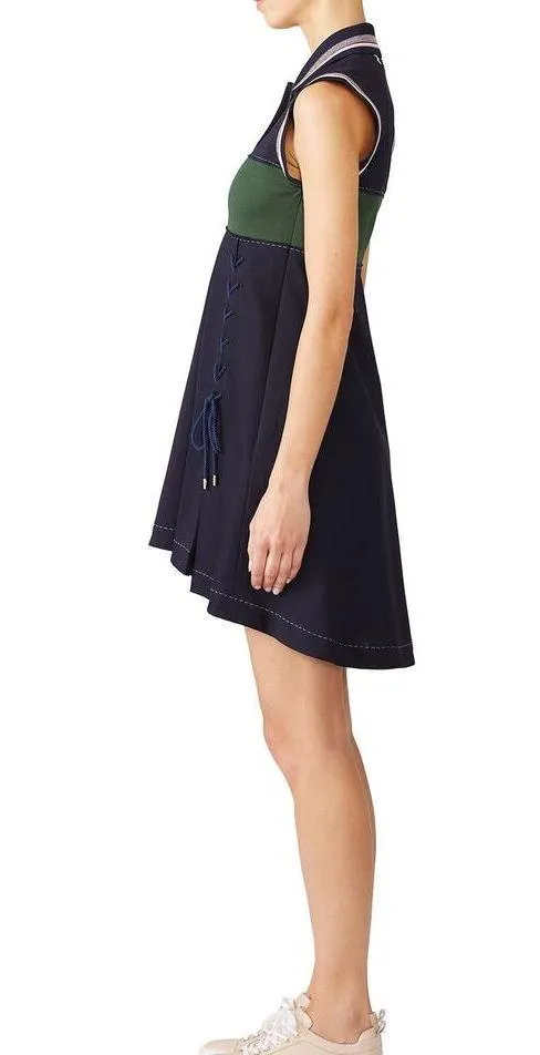 Carven Lace Up Navy Blue Green Mini Collared Polo Shirt Dress Size 38 - Image 3
