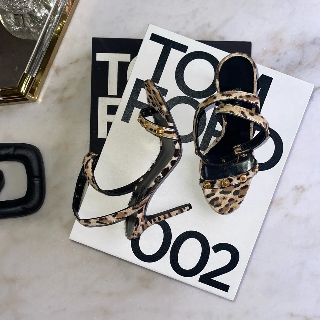 Versace Leopard Animal Print Calf Hair Medusa Coin Stiletto Sandal Heels - Image 2