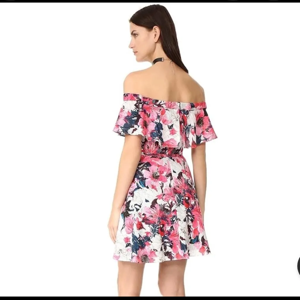 Black Halo Penelope Mini Dress Off Shoulder Ruffle Floral Garden Size 12 Large - Image 2