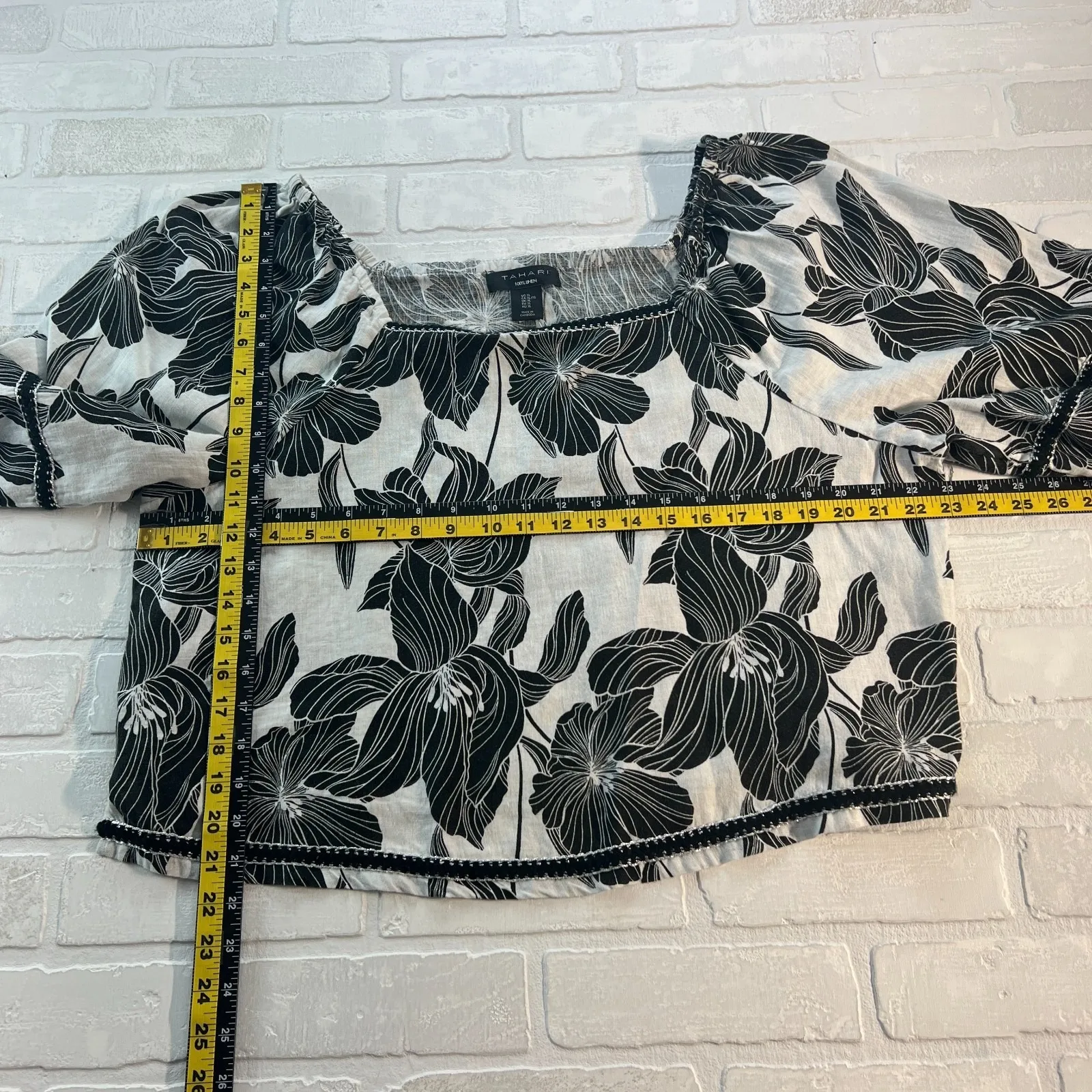 Tahari Top XL 100%‎ Linen Black White Floral Square Neck Embroidered Coastal New - Image 2