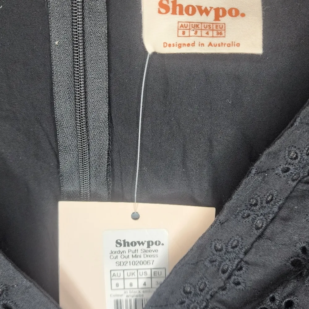 NWT Showpo Jordyn Puff Sleeve Cut Out Mini Dress in Black Embroidery Anglaise Size 4 - Image 4