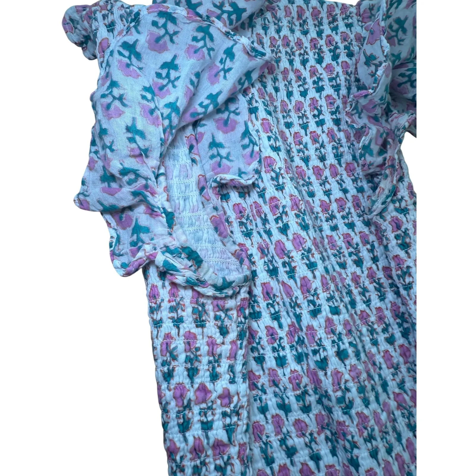 Oliphan‎ Floral Smocked Ruffle Mini Dress Pink Green White Sleeveless Summer S - Image 9