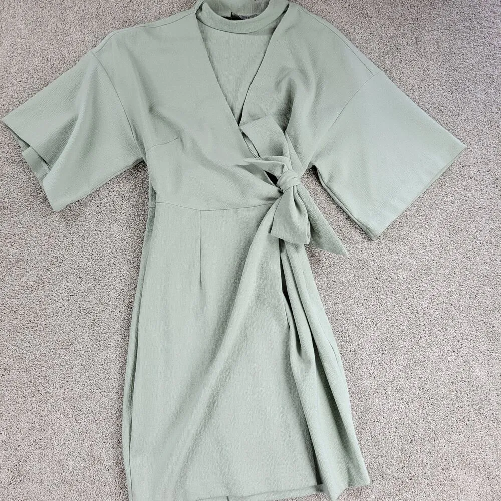 ASOS Womens Dress 4 Mint Green Textured Wrap V Neck Plunge Kimono Tie Waist - Image 5