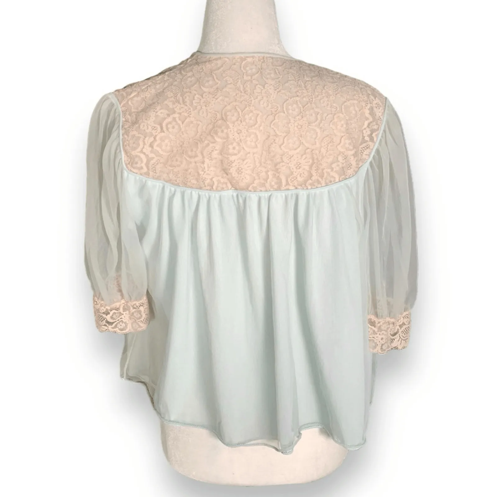 Vintage 1950s Snowdon Mint Lace Bed Jacket Capelet Sheer Puff Sleeve Romantic Green Size M - Image 7