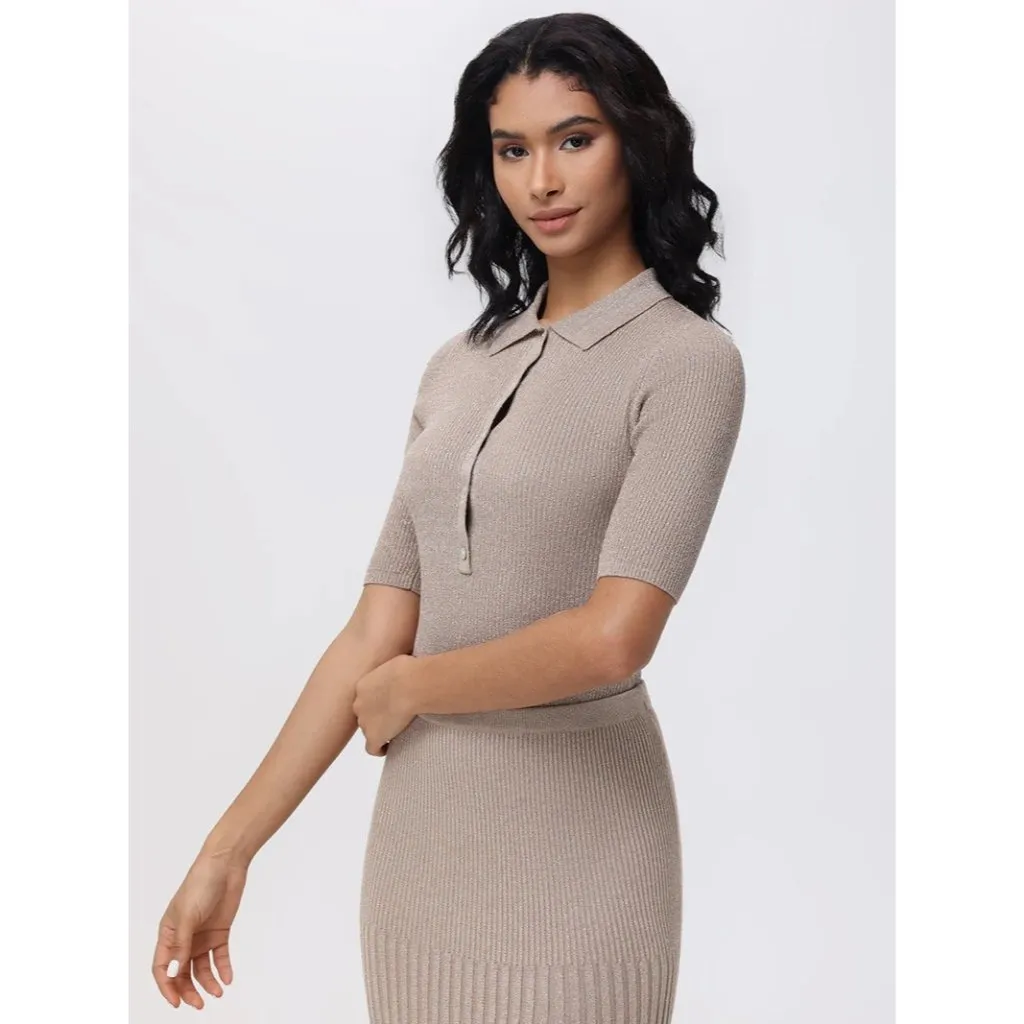 525 Ophelia Lurex Johnny Collar Top in Gilded Beige X-Small Womens Knit - Image 15