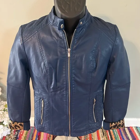 Black Rivet Motorcycle Faux Leather Jacket Leopard Animal Print XS - Image 1