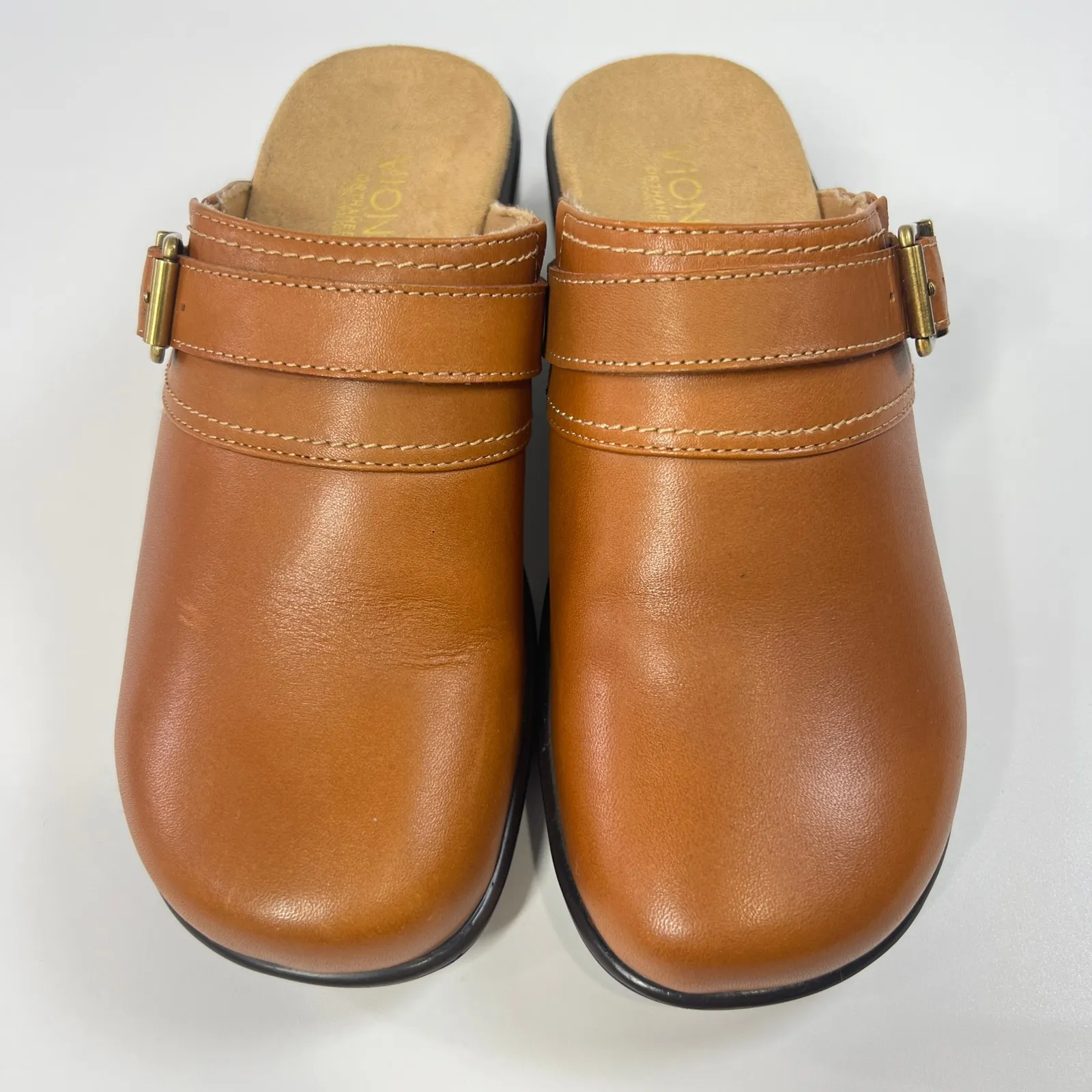 Vionic Orthotic Leather Clog‎ Mules Women's 7 EU 38 Tan Cognac Adjustable Buckle - Image 3