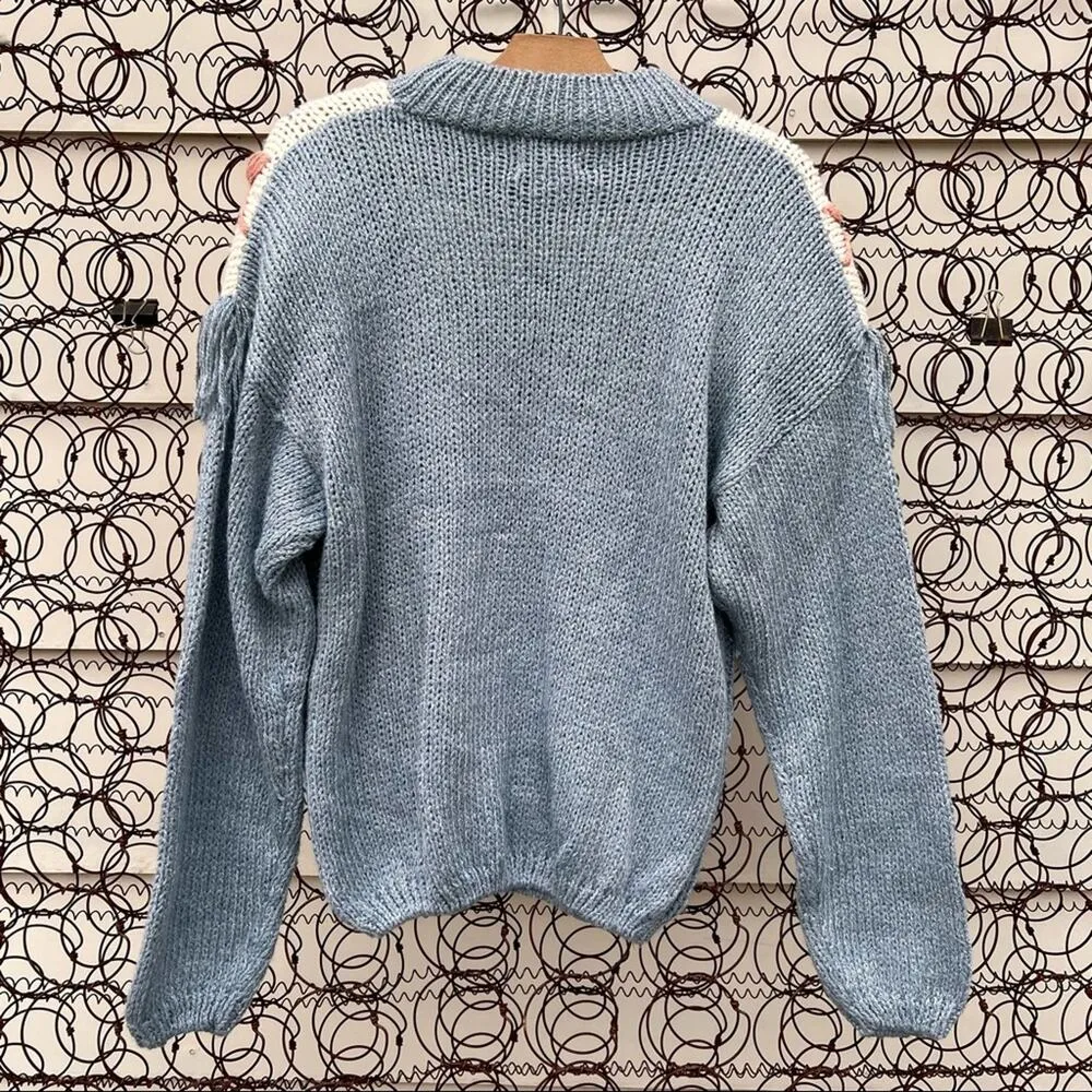 VTG 90s Ivy Club Classics pastel knit fringe floral needlepoint style sweater Blue Size L - Image 3