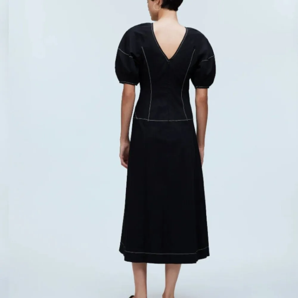 Madewell Size 12 Poplin Cotton Puff-Sleeve Drop-Waist Midi Dress Summer LBD‎ NWT - Image 10