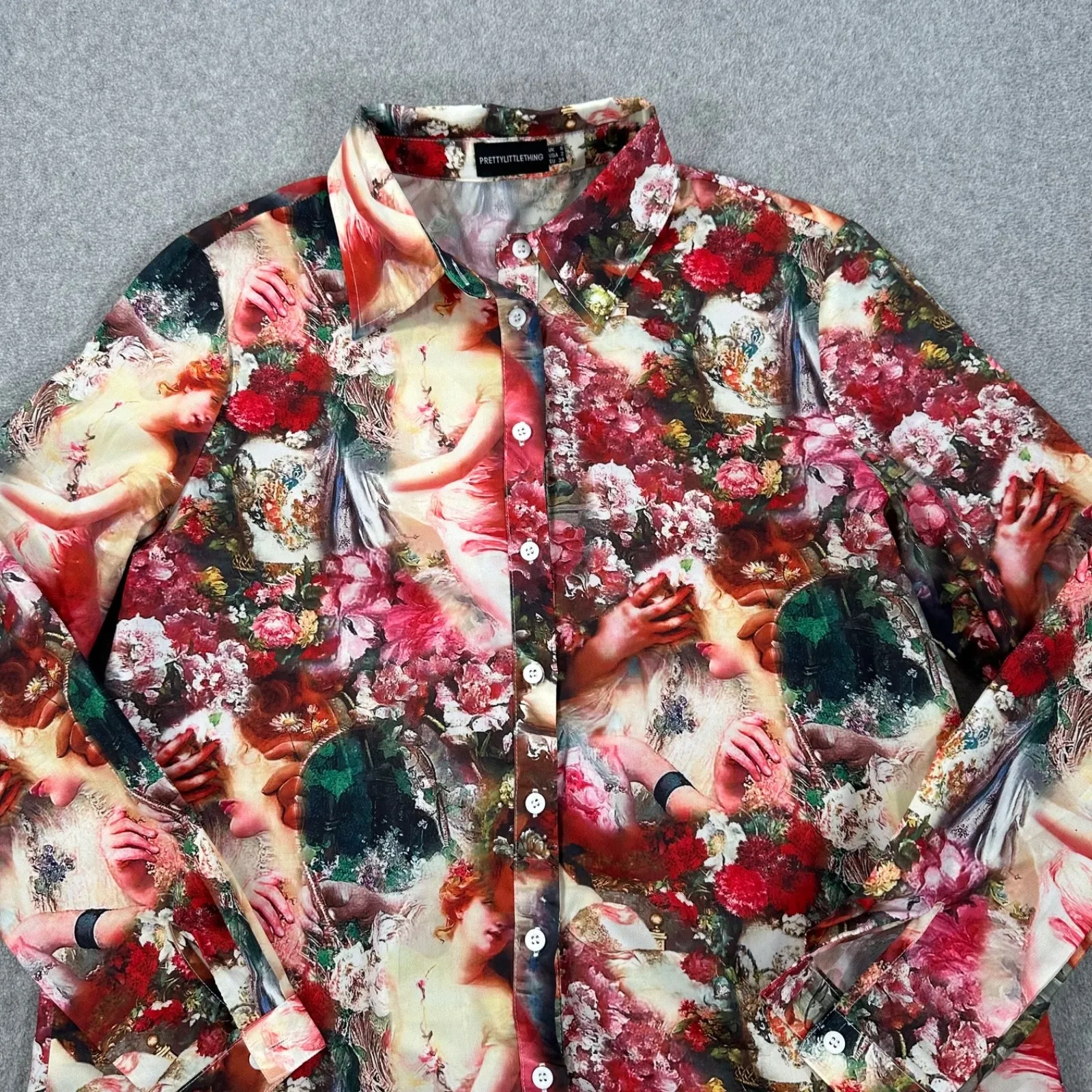 PrettyLittleThing Femme Renaissance Print Button Down Shirt Women's 2 Oversized - Image 4