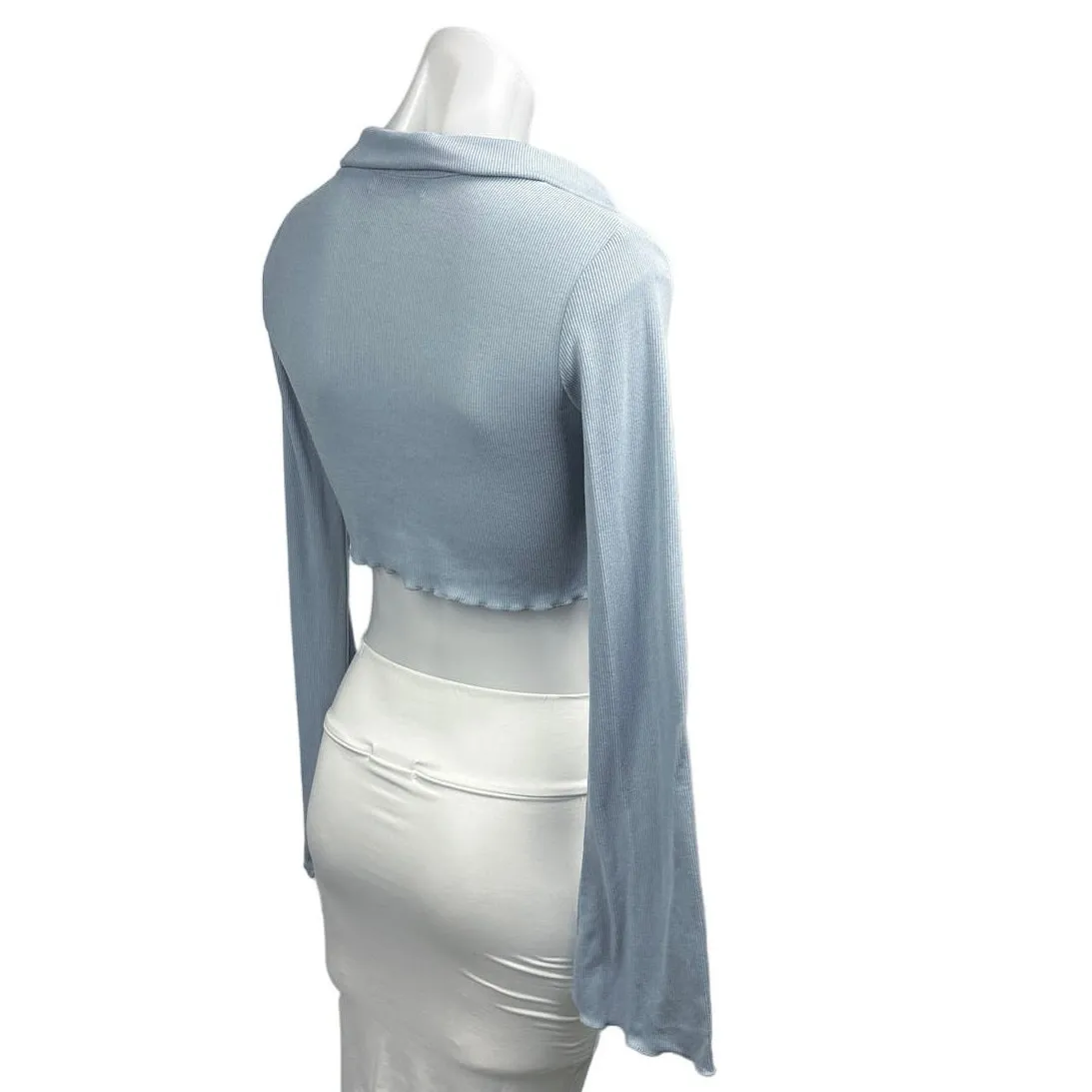 Adika Blue Ribbed Knit Snap Button Collared Long Sleeve Crop Top Shirt Blouse XS - Image 3