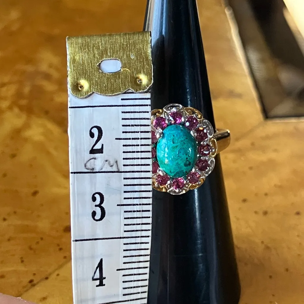 Chrysocolla Orissa Garnet Halo Ring Size 5.25 Silver - Image 7