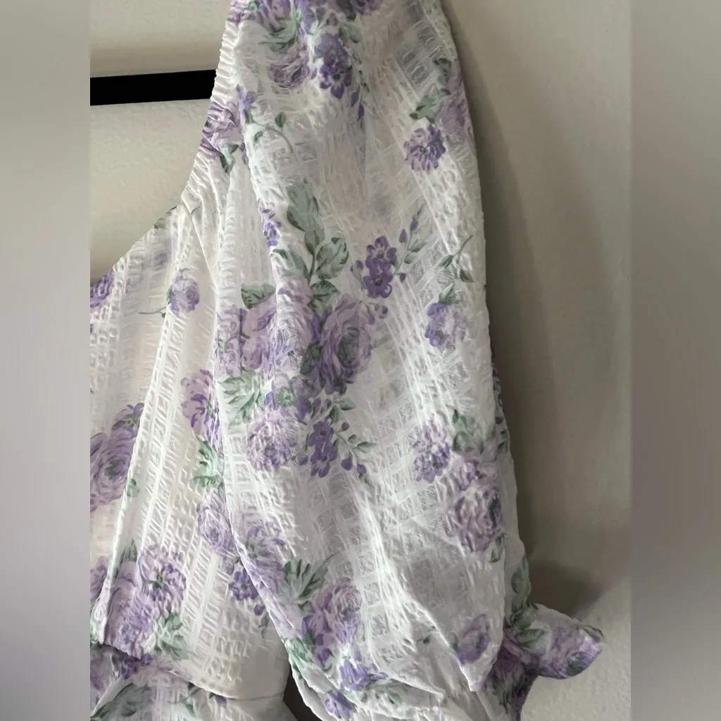 Trixxi Los Angeles White Purple Floral Puff Sleeve V-Neck Dress Size Small - Image 7