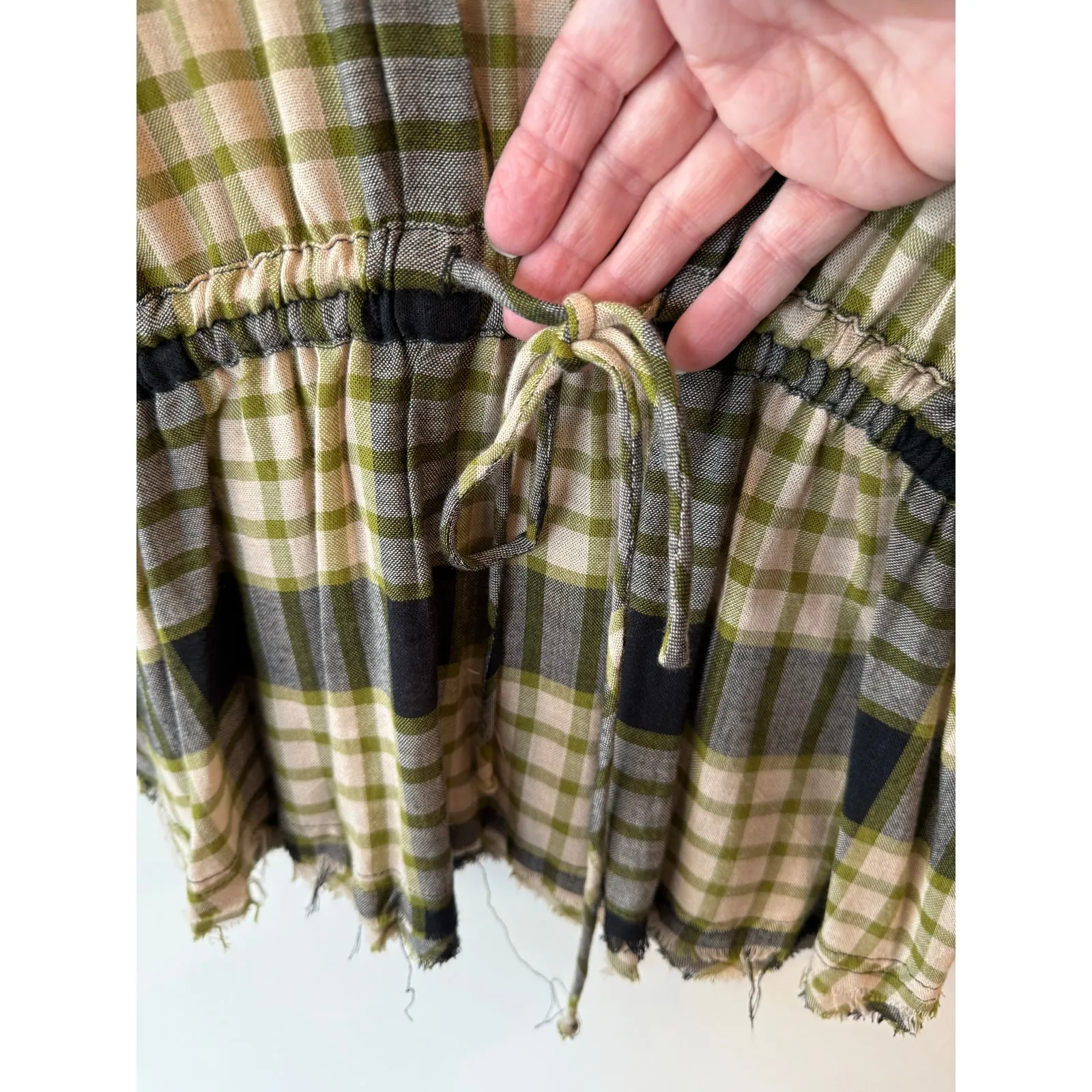 We The Free Ruched Sleeve Fringe Hem Plaid Snap Button Shirt Black Women's Small - Image 9