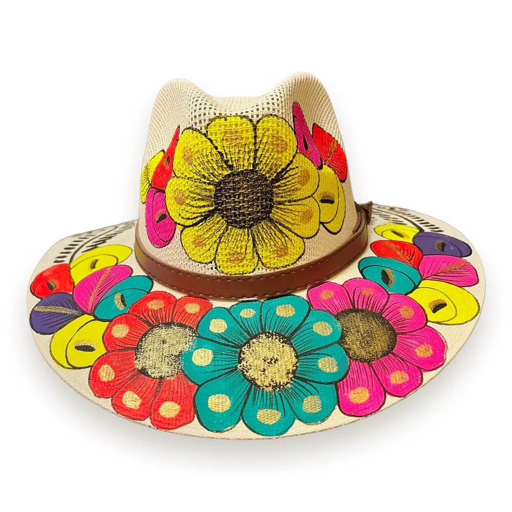HAT MEXICAN Artisanal Hand Painted Fedora Floral Sombrero Panama Bohemian Ivory - Image 7