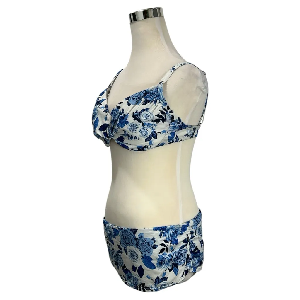 Aqua La Vie En Rose Sz L D Bikini 2 Piece Swimsuit Blue White Floral Halter Top Size L - Image 2