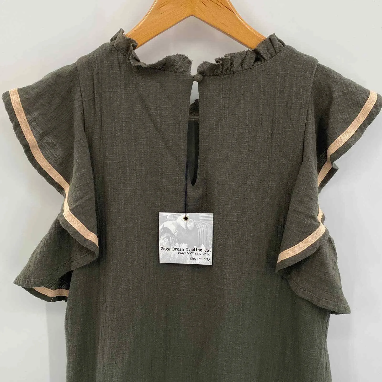 THML Tunic Shift Dress womens small Olive Green Embroidered Ruffle sleeve Cotton - Image 3