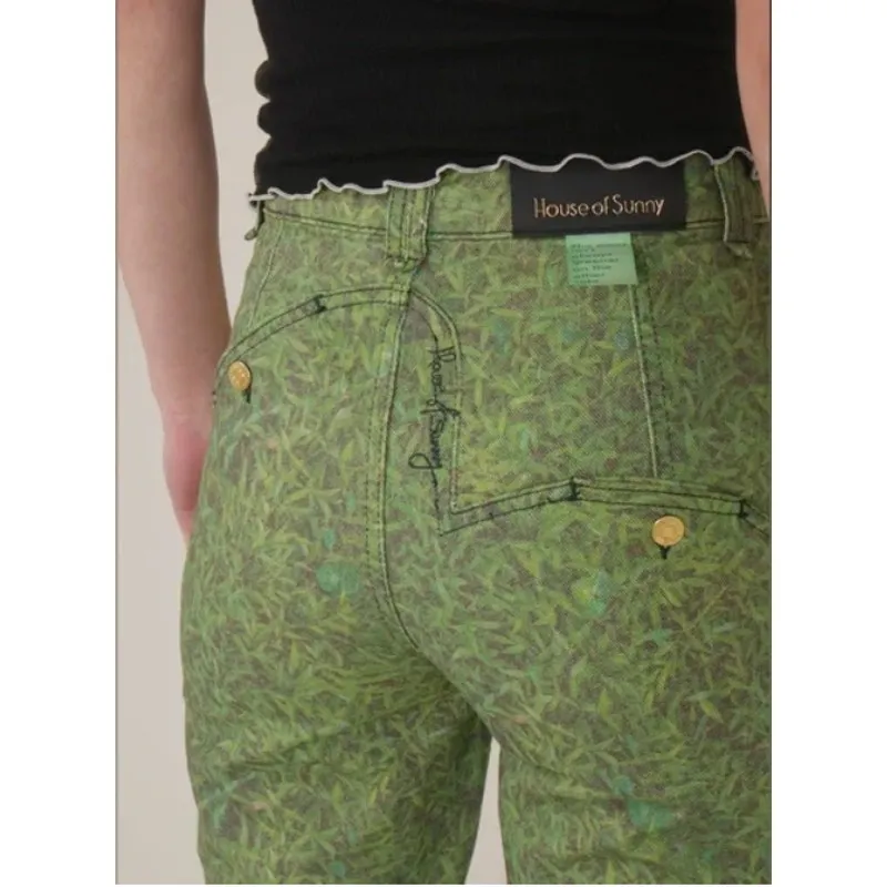 House of Sunny London Fields Jessie Straight Leg Grass Print Jeans Womens US4 Green Size 4 - Image 3