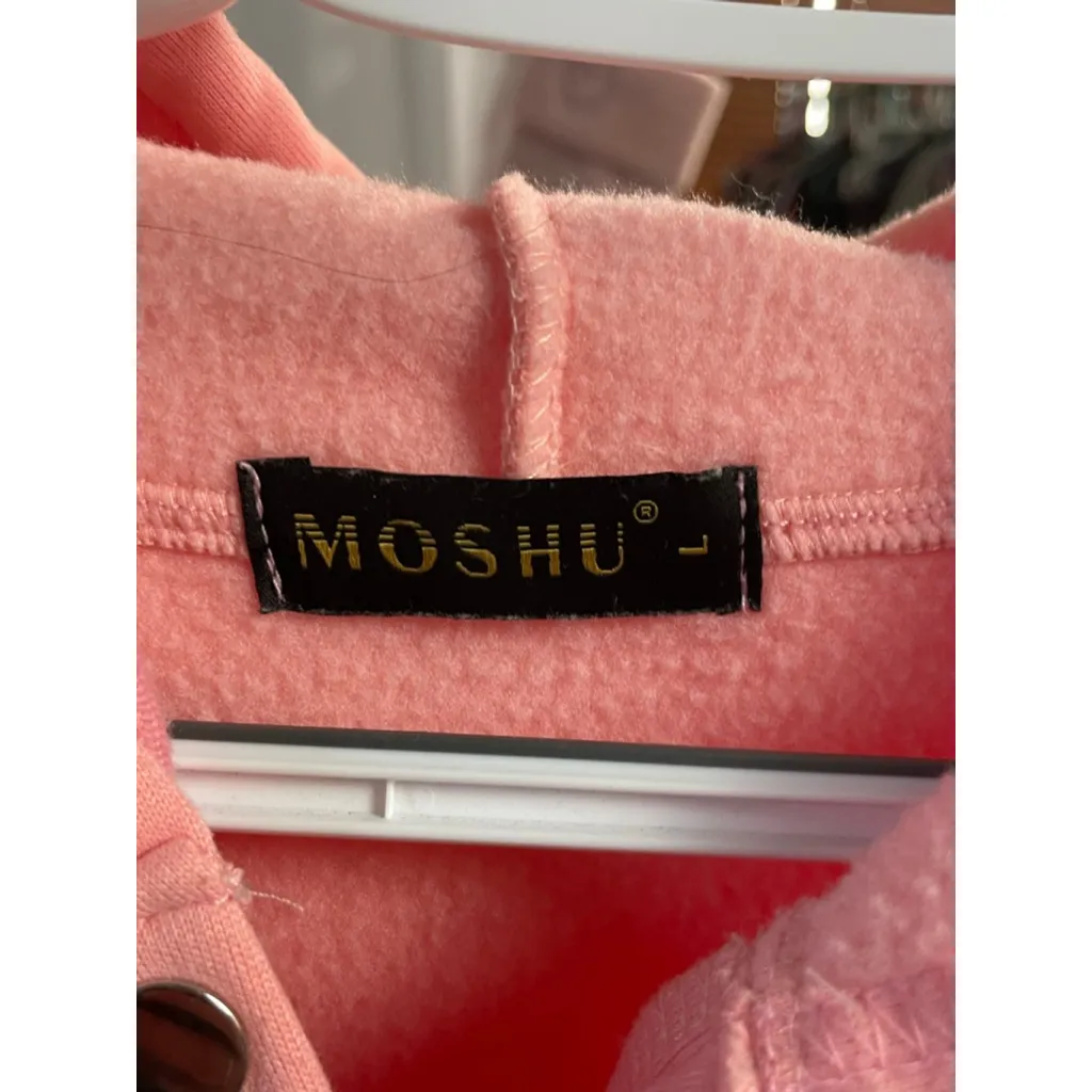 Women's Moshu Pink Henley Hoodie Sweatshirt L Size L - Image 3