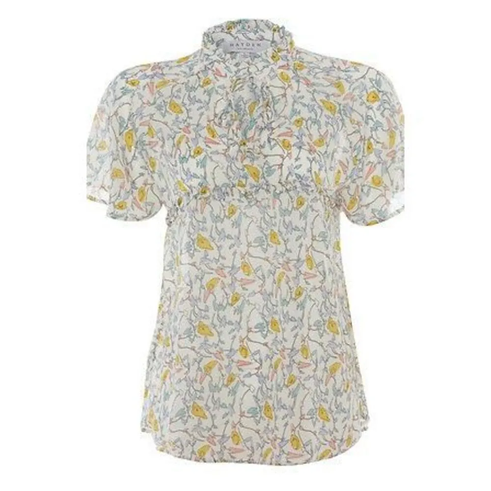 ✨HAYDEN Yellow Blue Floral Ruffle Tie Neck Career Short Sleeve Sz Large Top✨ - Image 5