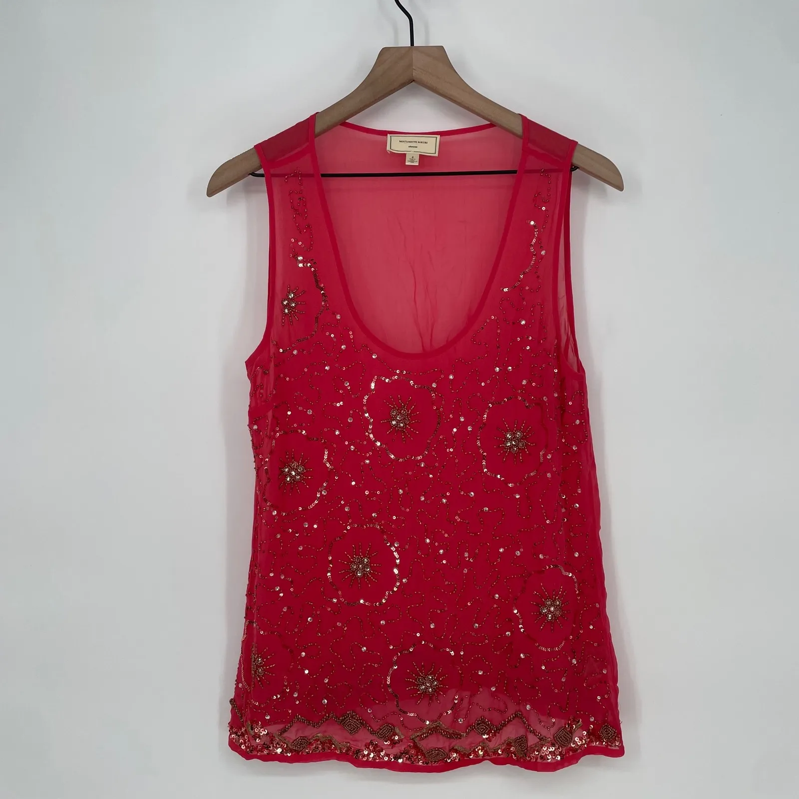 Moulinette Soeurs Beaded Tank Top Coral Pink Sheer Beaded Embellishment Size 4 - Image 2