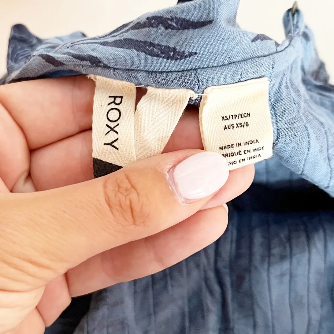 Roxy Ruffle Neckline Belted Tropical Print Mini Sundress Blue Medium - Image 3