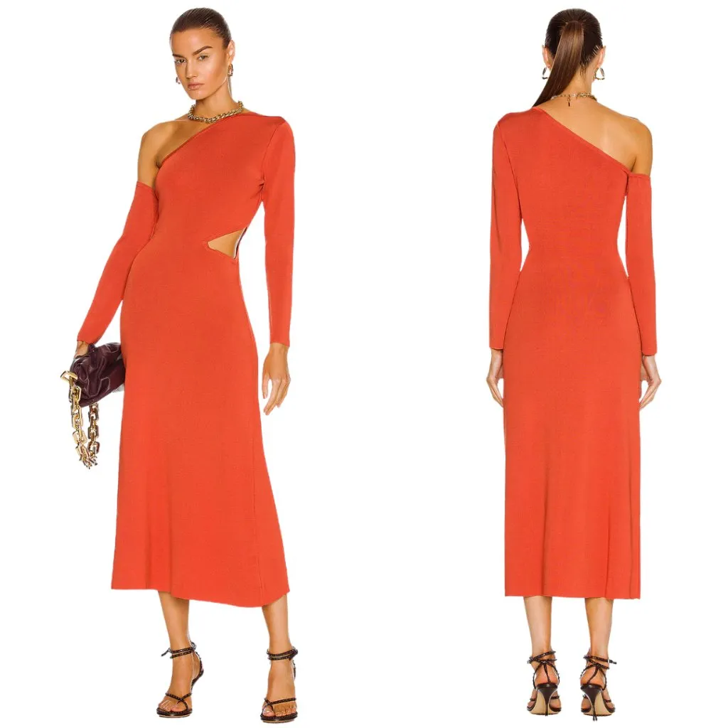 Cult Gaia Zora Knit Cutout Midi Dress Women Medium Chili Orange Asymmetrical NWT - Image 2